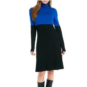 Karen Kane Jersey Color Block Turtleneck Long Sleeve Dress Blue Black XL NEW